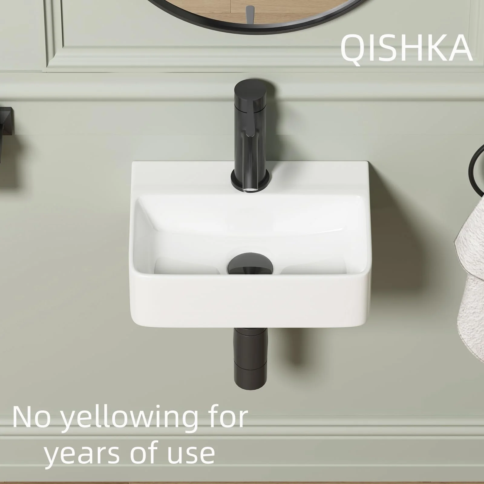 Wall Hung Bathroom Vessel Sink, QISHKA 14.5" X 10" Rectangular Floating Ceramic Wash Hand Basin White Wall Mount Vanity Sink for Small Bathroom and Small Cloakroom - Image 6