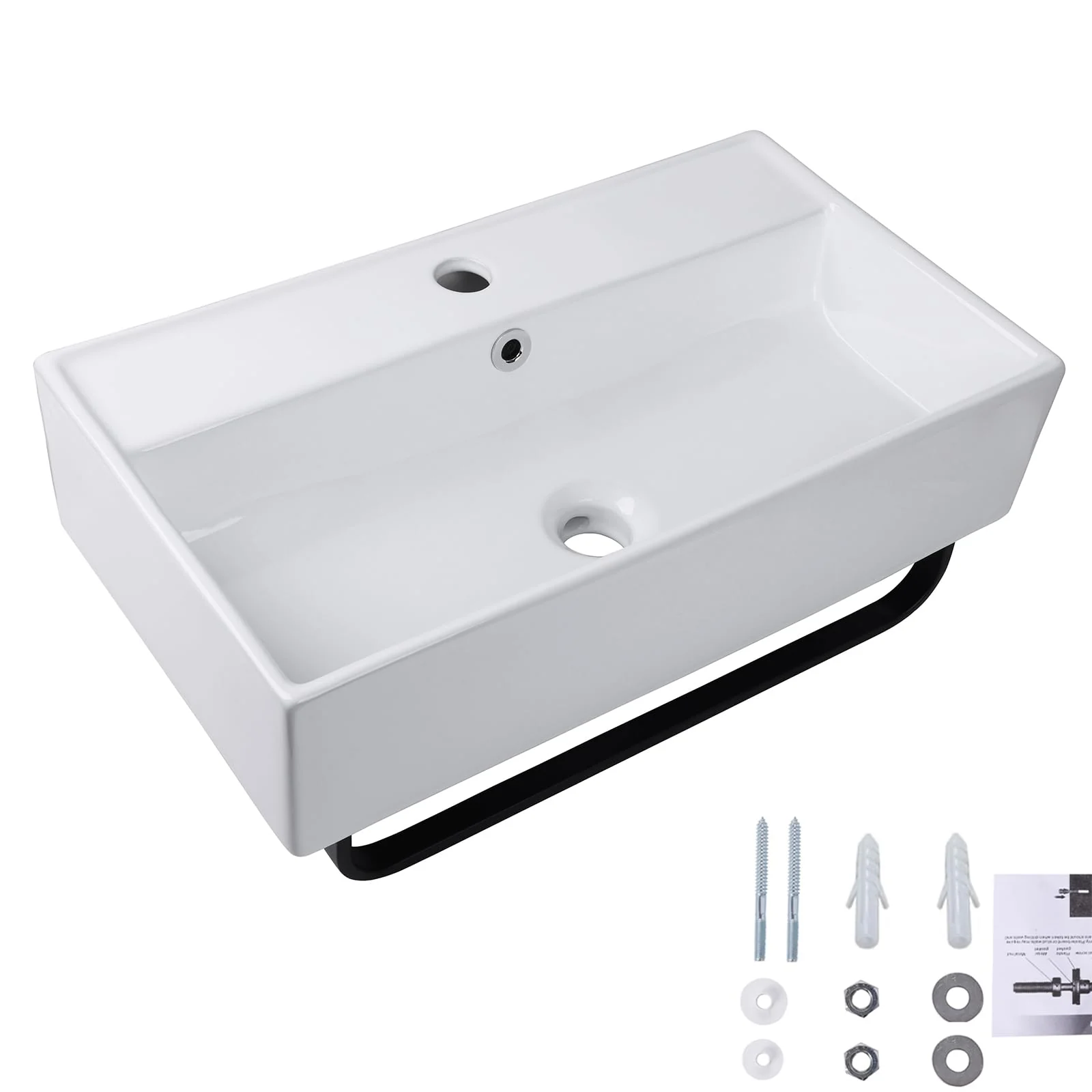 Wall Mount Rectangular Vessel Sink with Towel Rack, QISHKA 21.5"x12.5" Modern Ceramic Bathroom Floating Sink, White Rectangle Vanity Sink with Overflow, Wall Hung Wash Hand Basin - Image 2