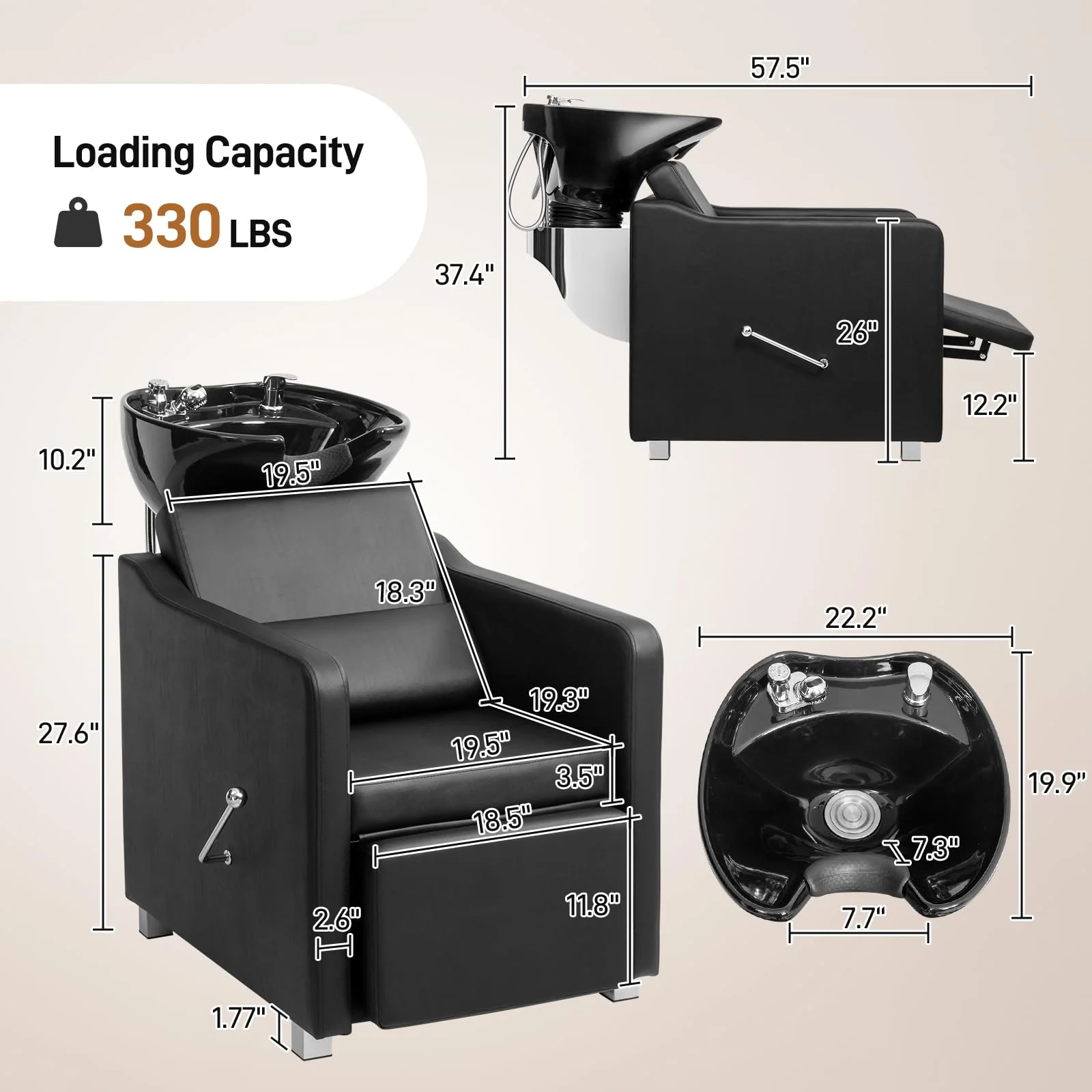 Winado Shampoo Backwash Barber Chair with Ceramic Hair Wash Bowl Sink, Adjustable Leg Baffle, Reclining Shampoo Station Chair for Barbershop Beauty Spa Massage Hairdressing Equipment, Black - Image 3