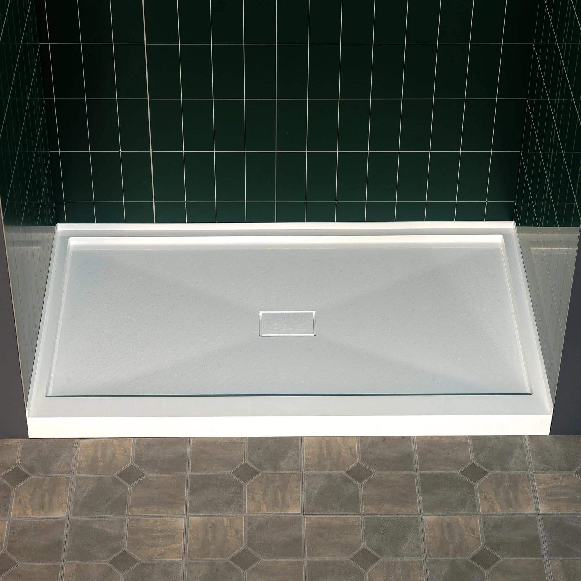 WOODBRIDGE 48" x 32" Solid Surface Shower Base in White with Center Drain,Single Threshold,Slip-Resistant Shower Pan for Alcove Installation