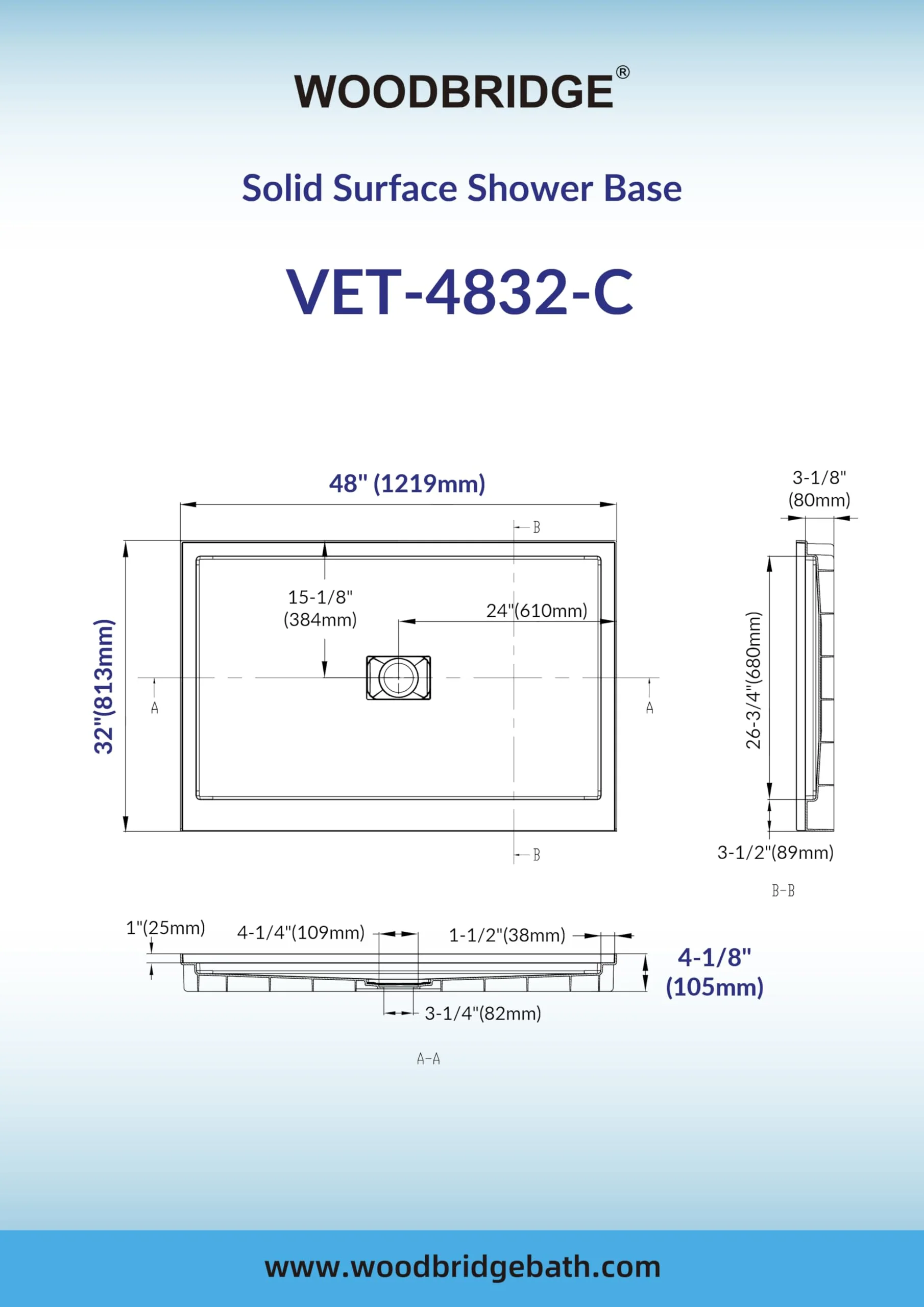 WOODBRIDGE 48" x 32" Solid Surface Shower Base in White with Center Drain,Single Threshold,Slip-Resistant Shower Pan for Alcove Installation - Image 6