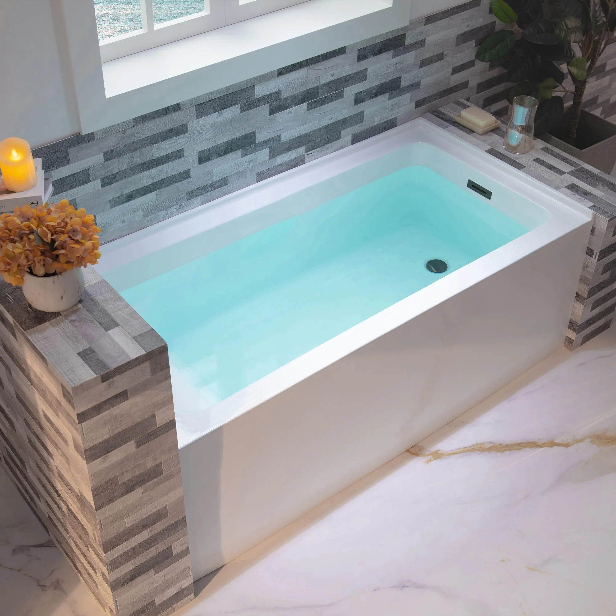 WOODBRIDGE 60" Acrylic Rectangular Alcove Soaking Bathtub in White with Right Drain, Matte Black pop-up Drain Included, LB666-R - Image 2