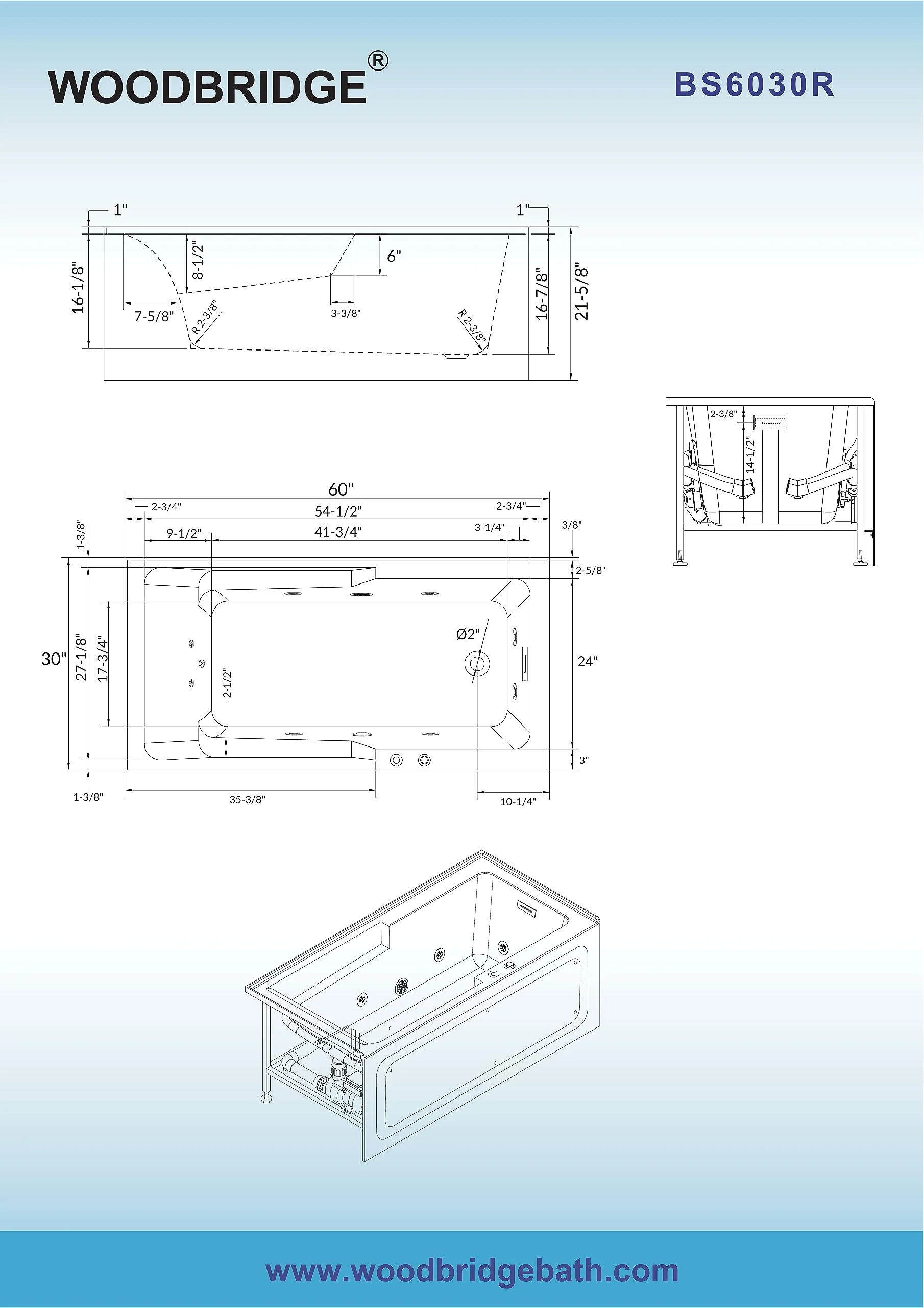 WOODBRIDGE 60" Alcove Acrylic Rectangular Whirlpool Heated Jetted Tub in White with Right Drain, Chrome pop-up Drain Included BS6030R - Image 6