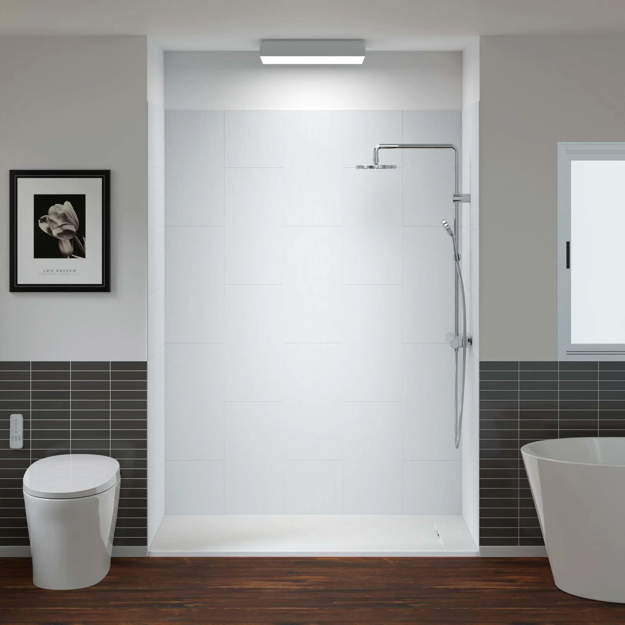 WOODBRIDGE 60 in. L x 36 in. W x 75 in. H Alcove Solid Surface Shower Combo Kits with Glue Up Shower Walls in Matte White and Curbless Shower Base with Reversible Drain in White - Image 2
