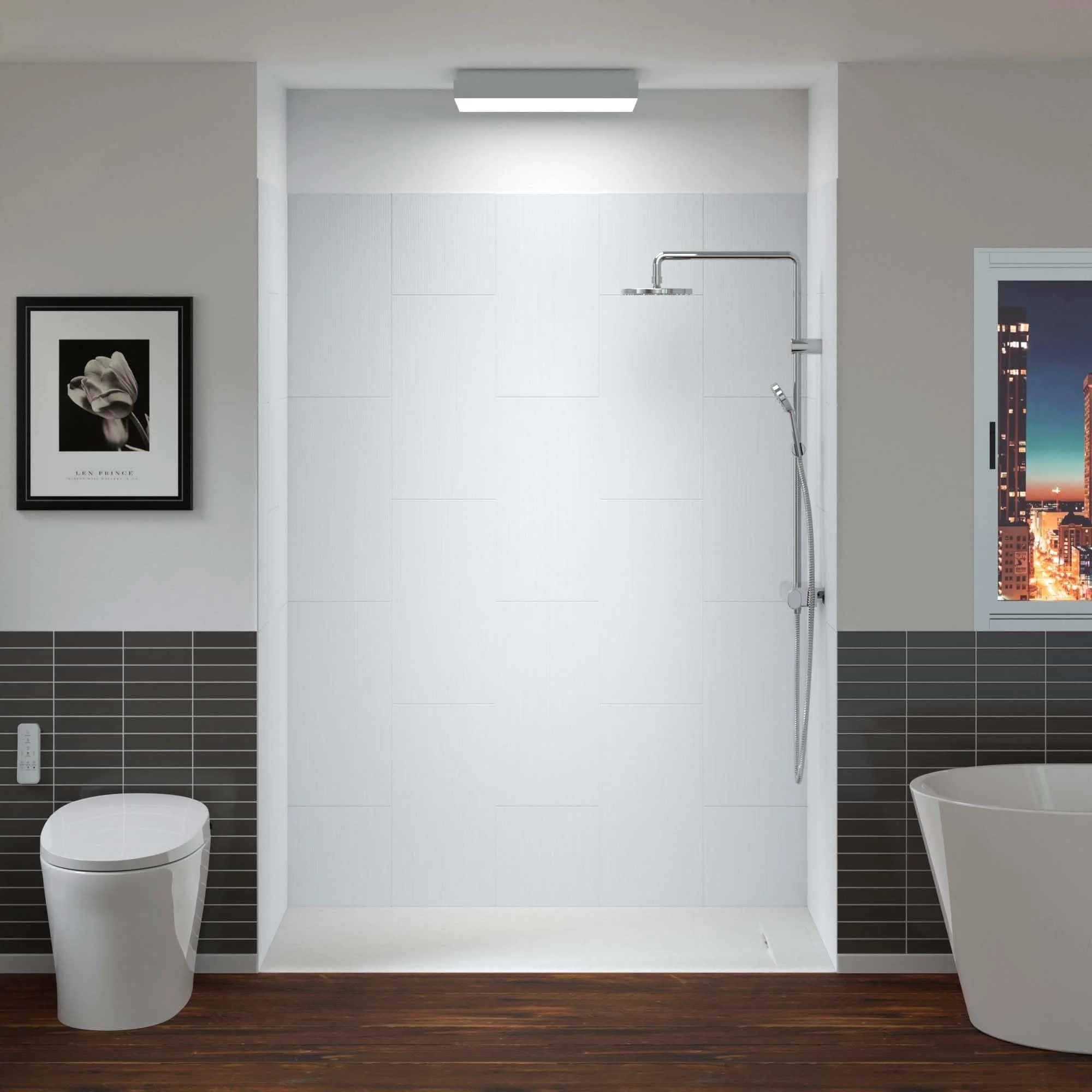 WOODBRIDGE 60 in. L x 36 in. W x 75 in. H Alcove Solid Surface Shower Combo Kits with Glue Up Shower Walls in Matte White and Curbless Shower Base with Reversible Drain in White - Image 3