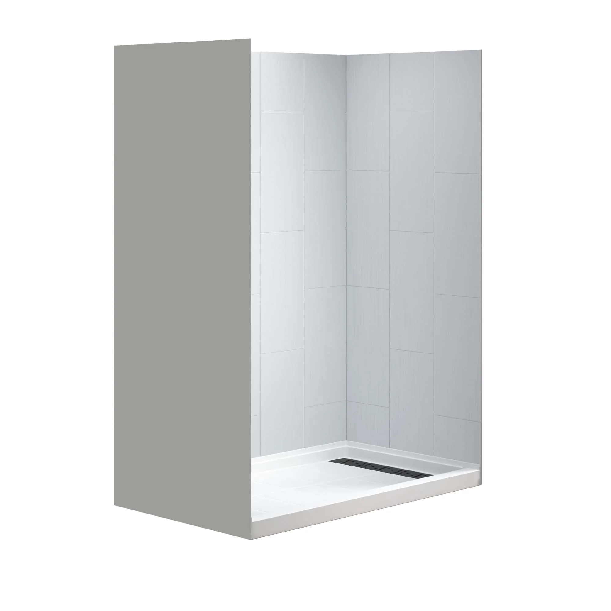 WOODBRIDGE 60 L x 36 W x 75 H Alcove Solid Surface Shower Combo Kits with Glue Up Shower Walls in Matte White and Single Threshold Shower Base in White with Right Drain and Black Cover - Image 2