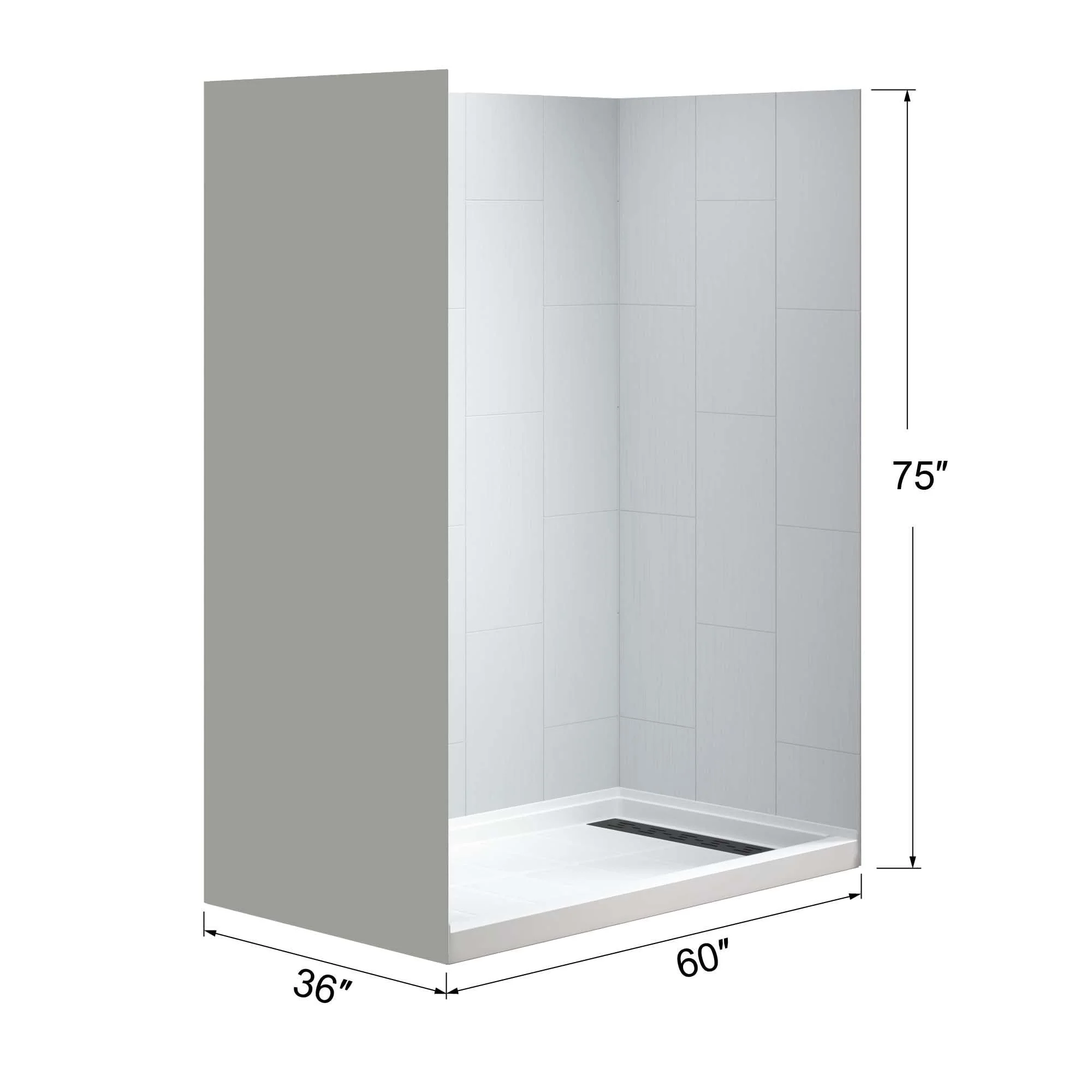 WOODBRIDGE 60 L x 36 W x 75 H Alcove Solid Surface Shower Combo Kits with Glue Up Shower Walls in Matte White and Single Threshold Shower Base in White with Right Drain and Black Cover - Image 4