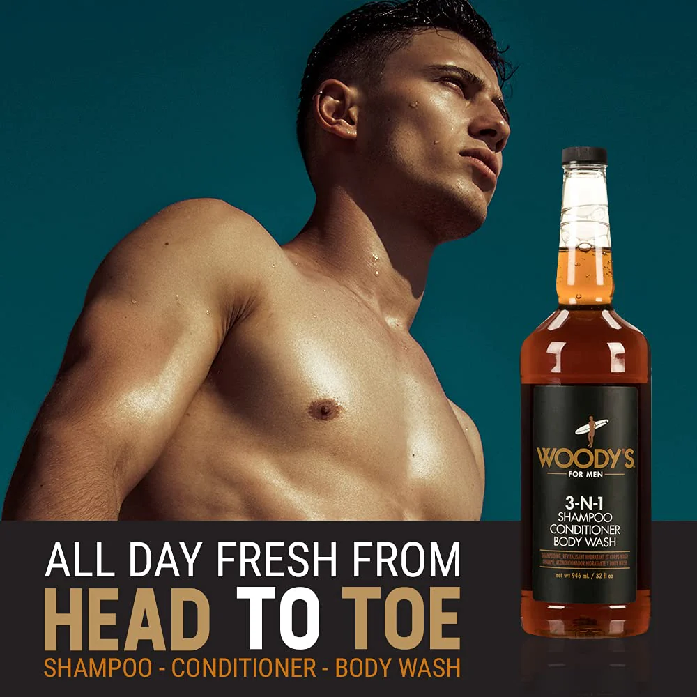 Woody's Mens Body Wash 3 in 1 – Shampoo, Conditioner, & Body Wash, All-in-One Cleanser, Refreshing & Hydrating with Natural Extracts - 32 fl oz - Image 3