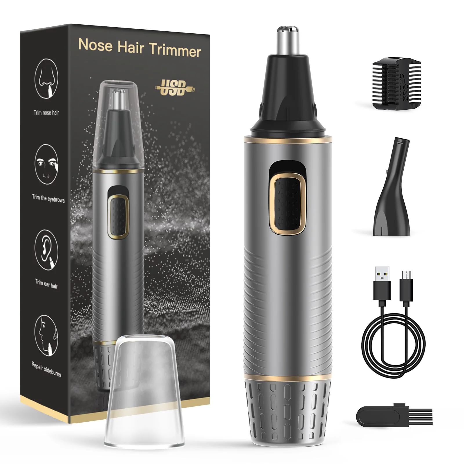 XOOMRSCP Nose Hair Trimmers for Men，Rechargeable Hair Trimmer 2 in 1 Painless Multifunctional Ear and Nose Hair Trimmer with IPX7 Waterproof Dual Edge Blades (Grey)