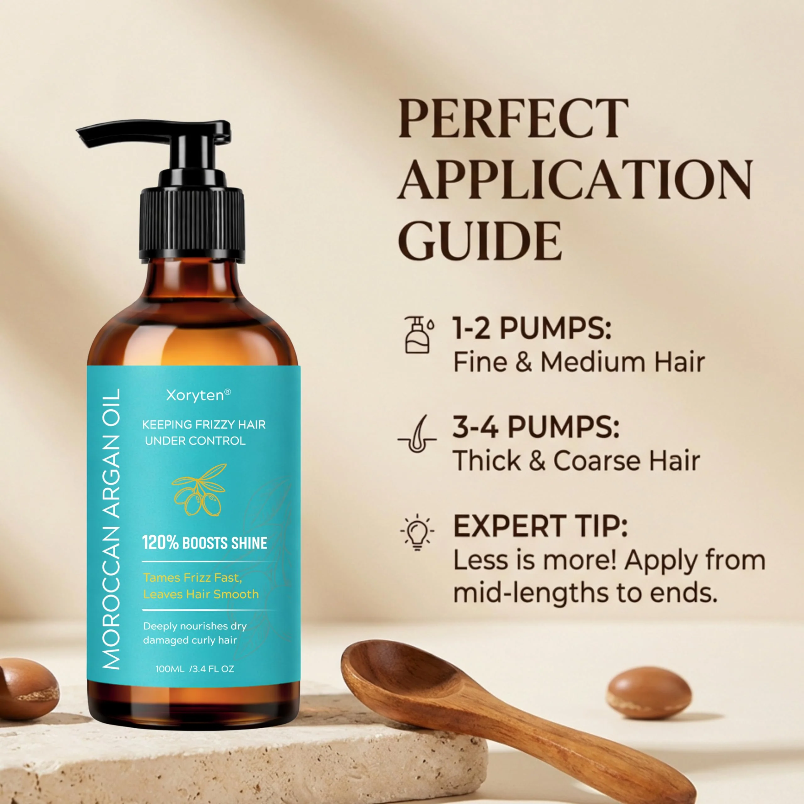 XORYTEN Moroccan Argan Oil – Nourishing & Smoothing Hair Oil for Frizzy, Curly, Long, Dry & Damaged Hair – Moroccan Hair Oil Treatment for Frizz Control & Heat Protection – 100ML/3.4 Fl Oz (Argan) - Image 7