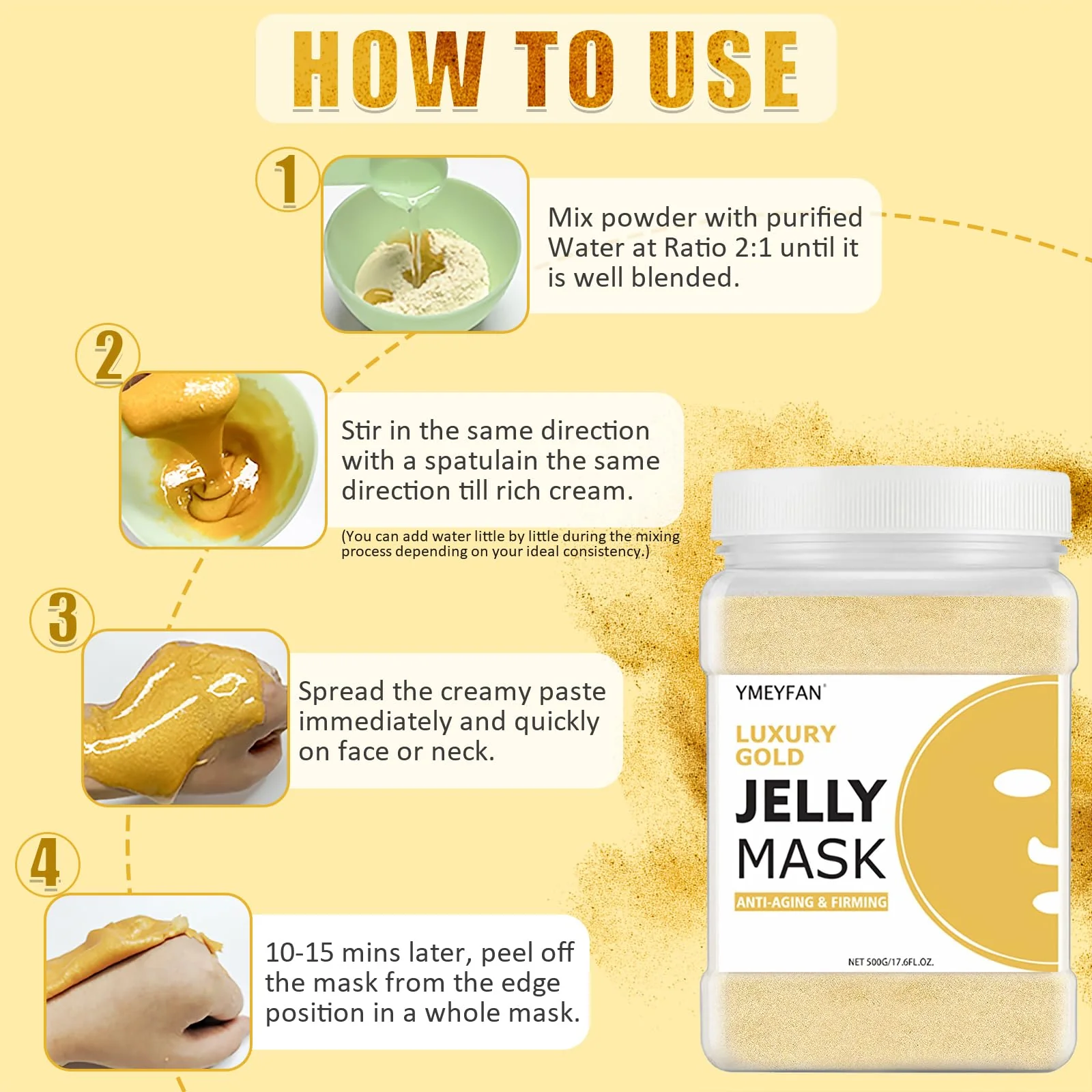 YMEYFAN Jelly Mask Powder for Facial Professional - 24K Gold Anti-Aging & Firming Jelly Mask, Hydrating Jelly Face Mask Skin Care, Gel Peel Off Mask for Spa Salon Vajacial Mask 17.6Fl Oz - Image 5