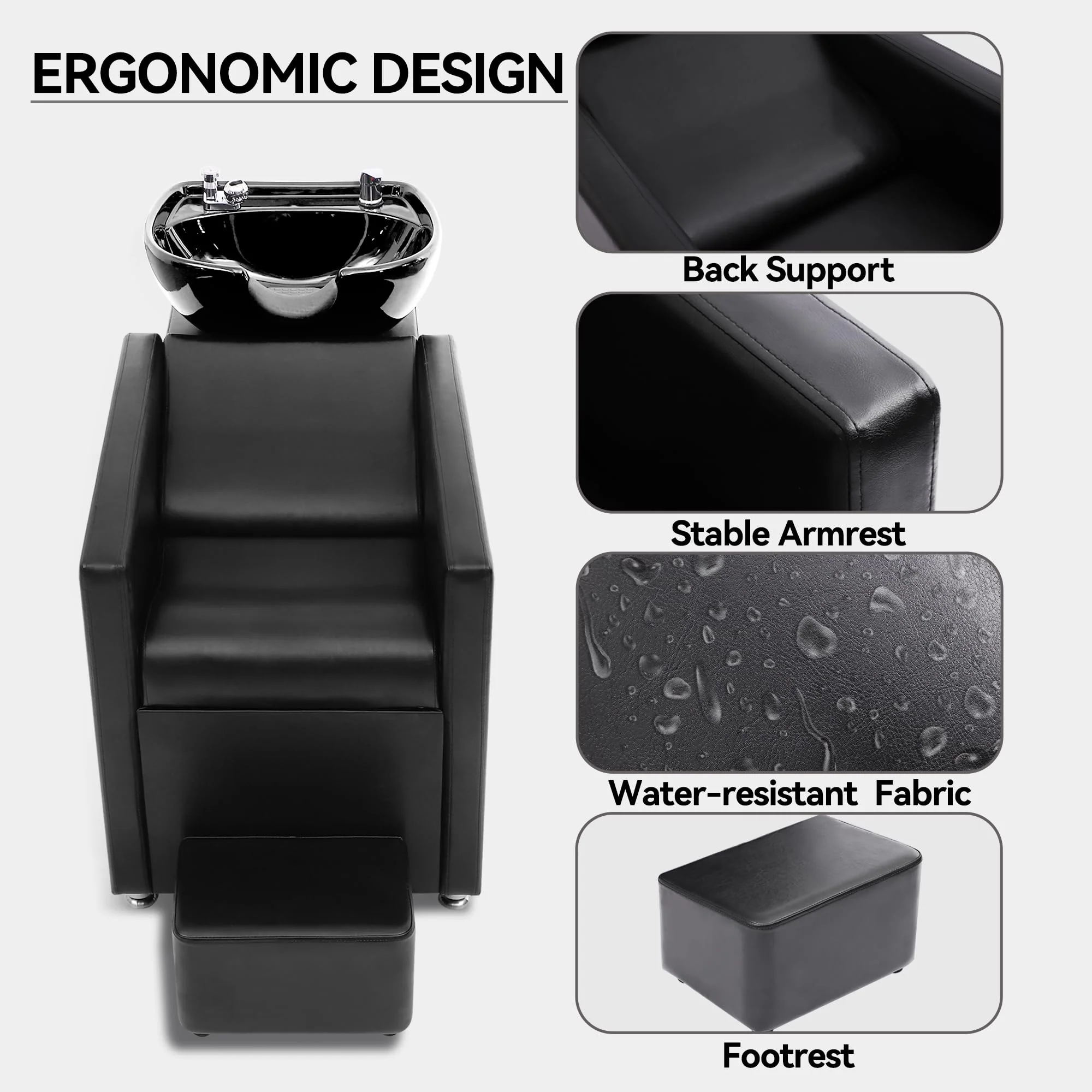 YOCONYO Backwash Shampoo Station Chair, Shampoo Bowl and Chair Set for Salon, Hair Washing Station for Hair Stylist, Backwash Chair with Ceramic Bowl, Sink Chair Station for Barbershop - Image 5