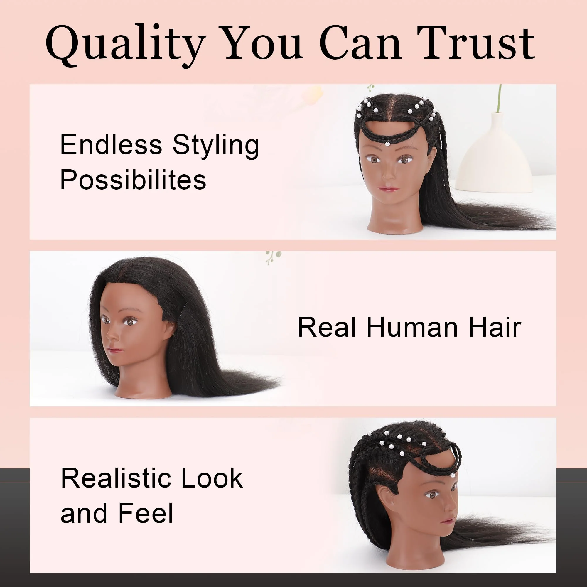 YODIDI Mannequin Head with 100% Human Hair, Manikin Head Human Hair Cosmetology Doll Head for Hair Styling Hairdresser Practice Braiding with Table Clamp Stand and Tools (16 inch) - Image 3