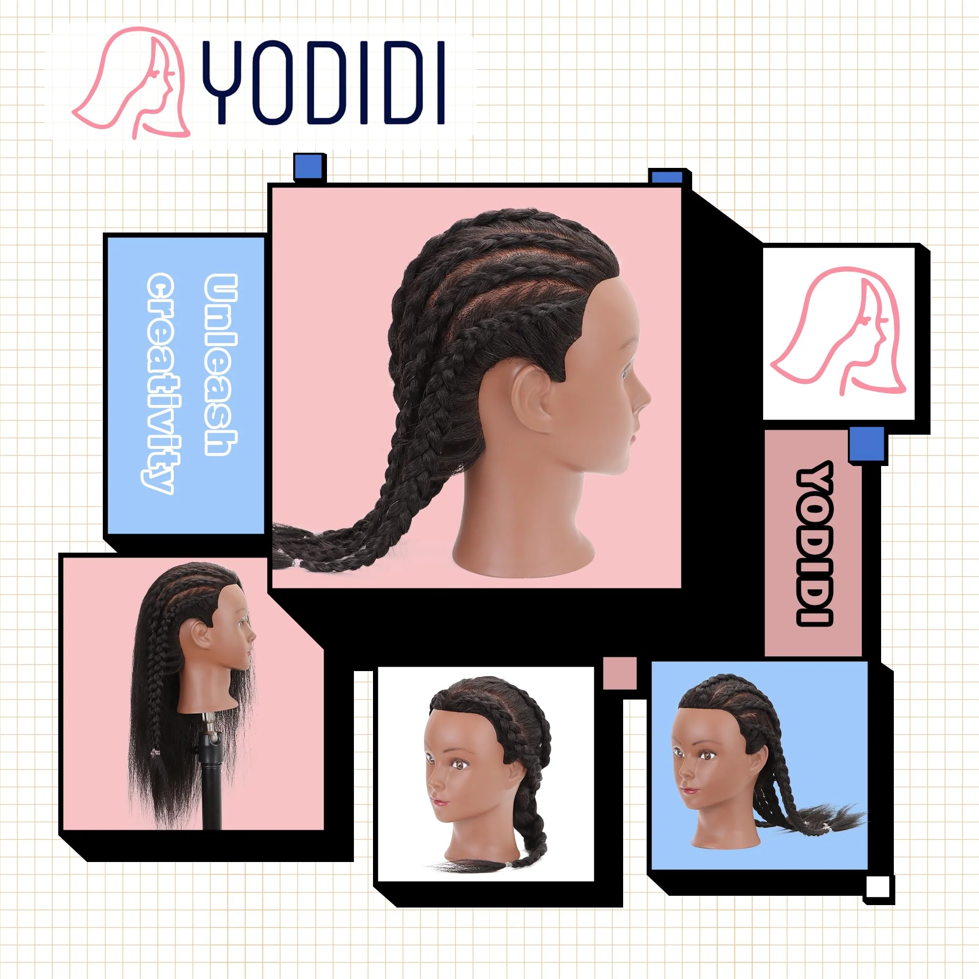 YODIDI Mannequin Head with 100% Human Hair, Manikin Head Human Hair Cosmetology Doll Head for Hair Styling Hairdresser Practice Braiding with Table Clamp Stand and Tools (16 inch) - Image 6