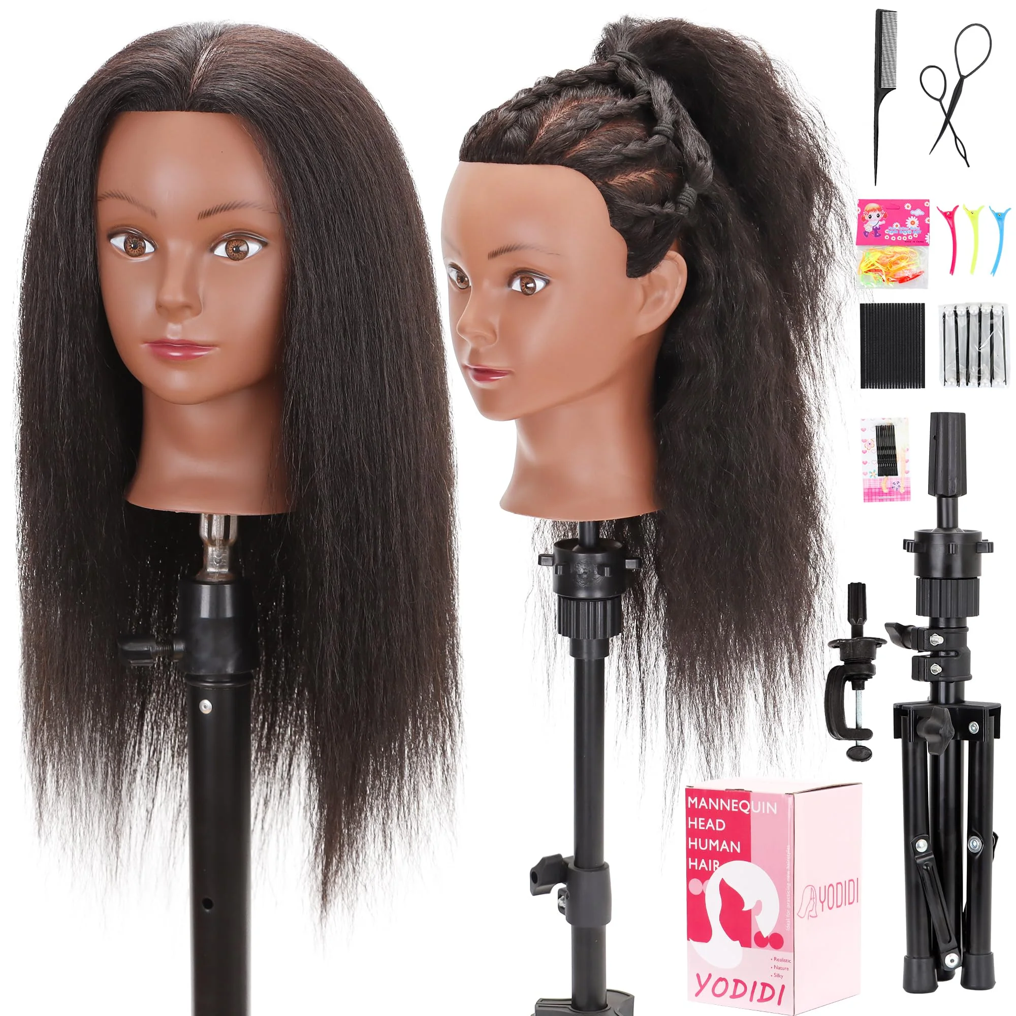 YODIDI Mannequin Head with 100% Human Hair, Manikin Head Human Hair Cosmetology Doll Head for Hair Styling Hairdresser Practice Braiding with Table Clamp Stand and Tools (16 inch + tripod)
