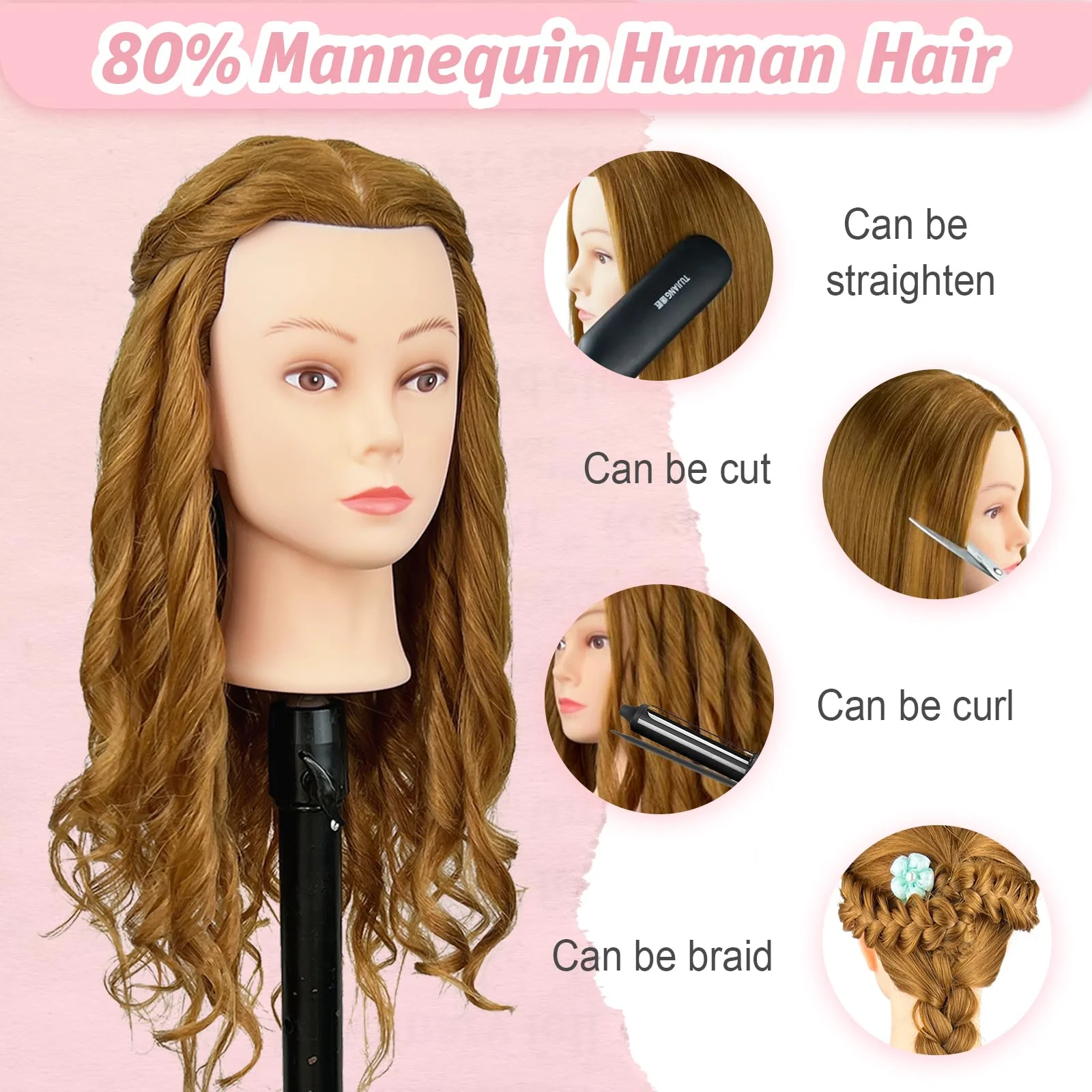 ZOMOI Mannequin Head, Mannequin Head Human Hair, 80% Real Hair for Hairdresser Practice Cutting Braiding Hair Styling with Clamp Holder and Tools - Image 2