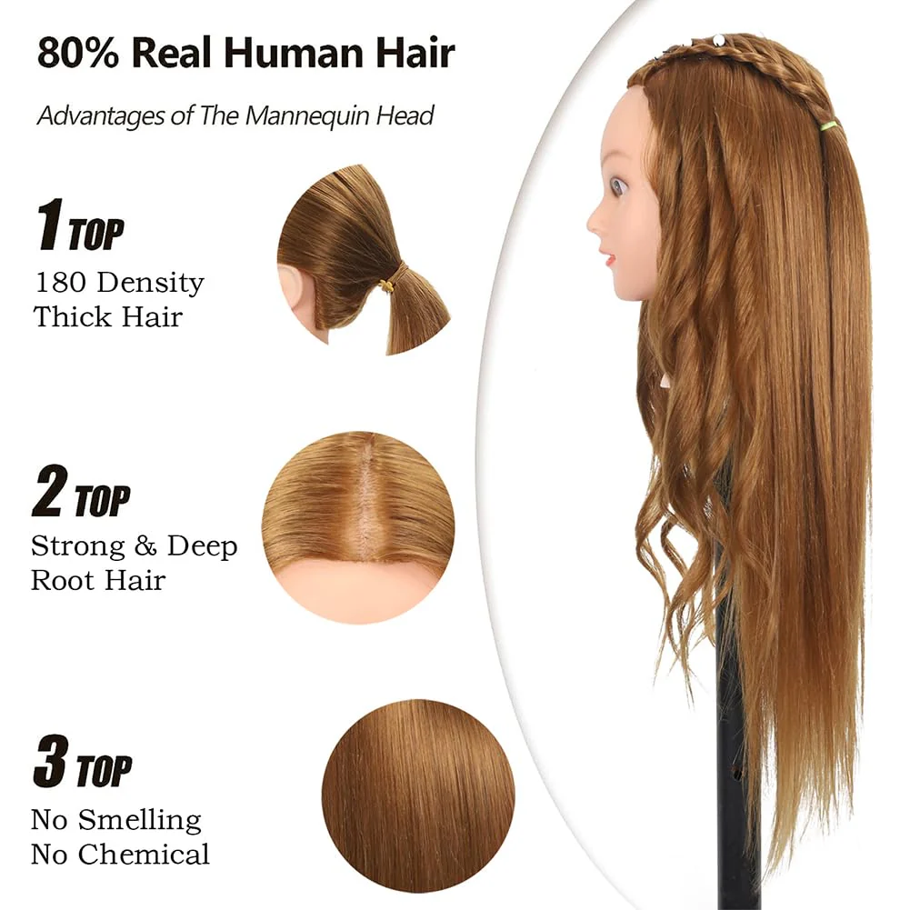 ZOMOI Mannequin Head with 80% Real Human Hair 26''-28"Cosmetology Mannequin Doll Head to Practice Hair Styles Hairdresser Practice Braiding Head(27# Light Brown) - Image 2